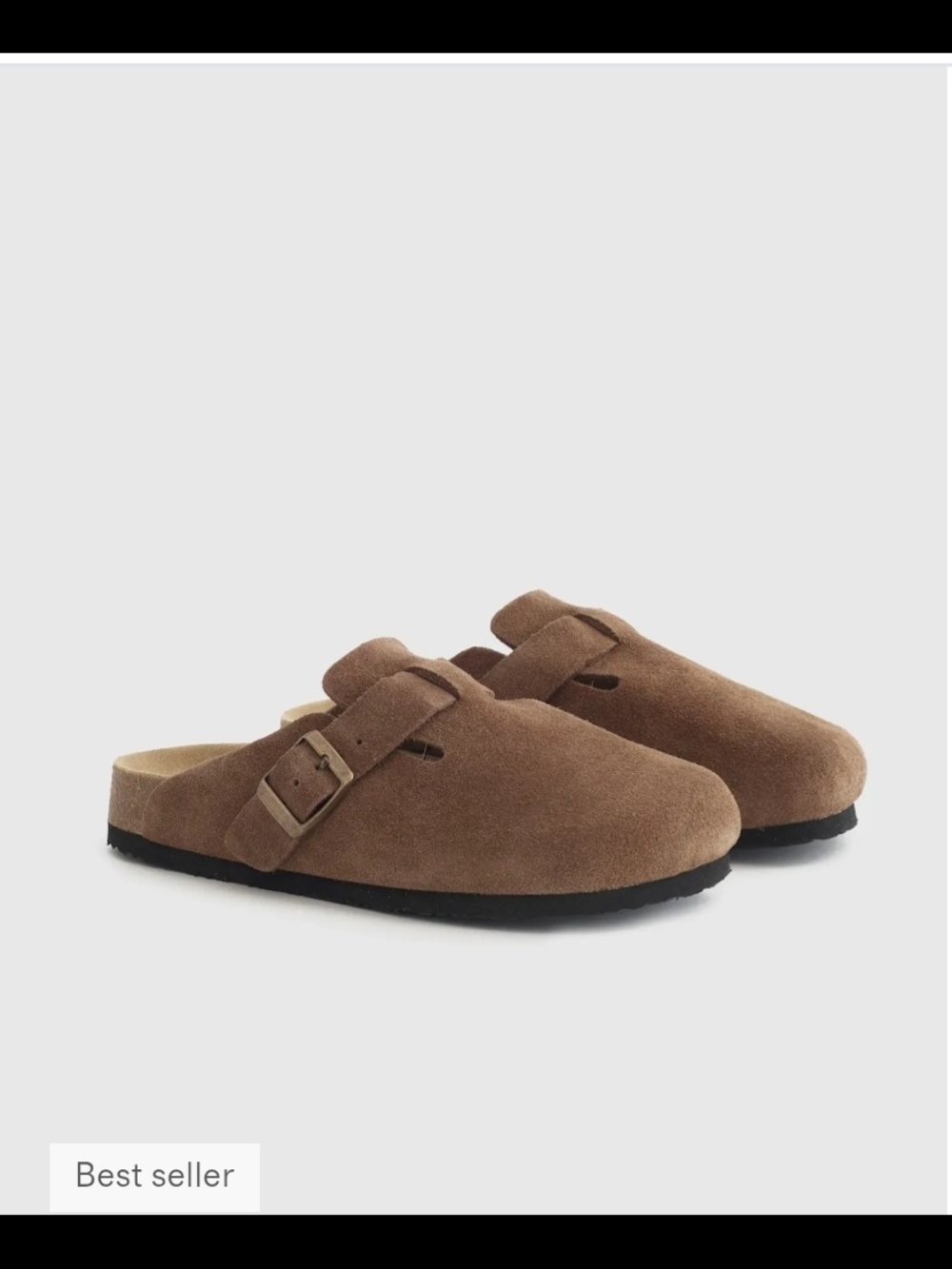 Quince Suede Buckle Clogs in Cafe